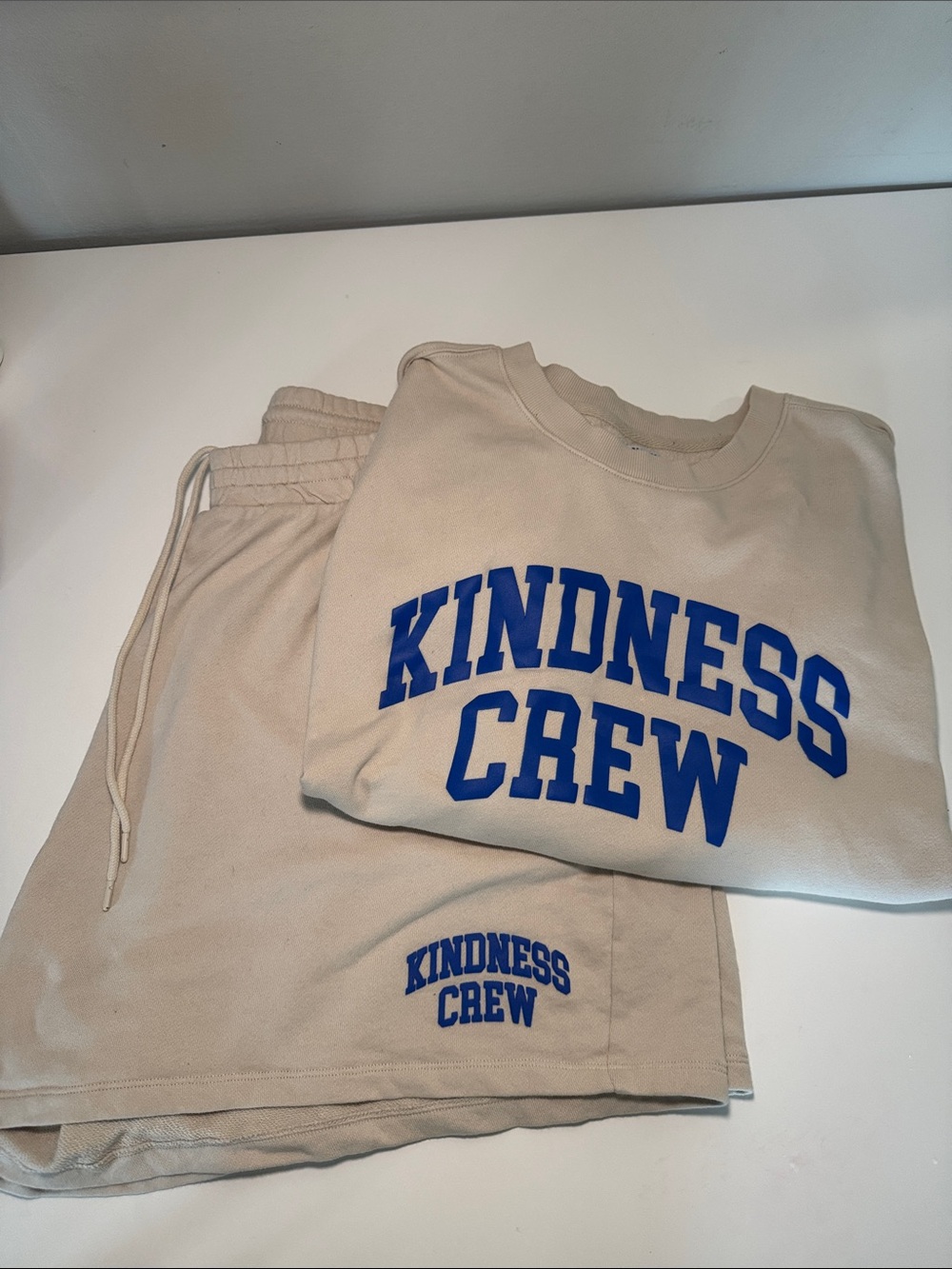 Old Navy Women’s  Beige "Kindness Crew" Sweatshirt & Shorts Set - Blue Logo